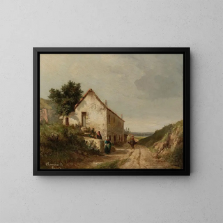 House by a country road with figures - Camille Pissarro — framed artwork on a wall