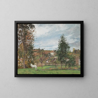 Landscape painting with white horse in a meadow at L'Hermitage, Pontoise - Camille Pissarro — framed artwork on a wall