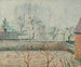 Landscape painting with houses and a fence wall, frost and mist - Camille Pissarro — artwork view