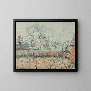 Landscape painting with houses and a fence wall, frost and mist - Camille Pissarro — framed artwork on a wall
