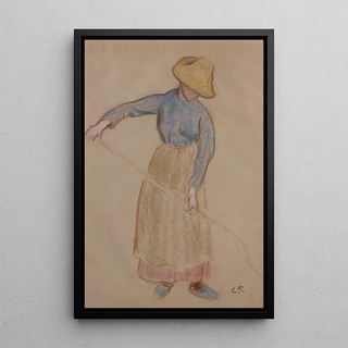 Peasant Painting with Pitchfork - Camille Pissarro — framed artwork on a wall