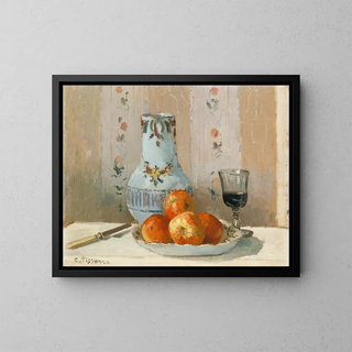 Still life with apples and a pitcher - Camille Pissarro — framed artwork on a wall