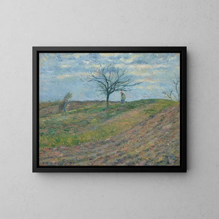 Terre labourée en hiver avec un homme portant un fagot - Camille Pissarro — framed artwork on a wall