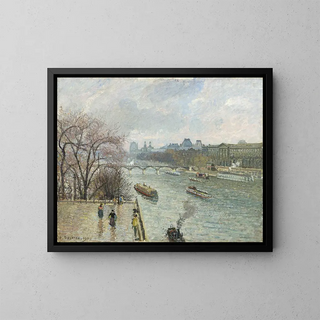 The Louvre in the rain in the afternoon - Camille Pissarro — framed artwork on a wall