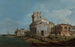 Caprice vénitien with an oval church near the lagoon - Canaletto — artwork view