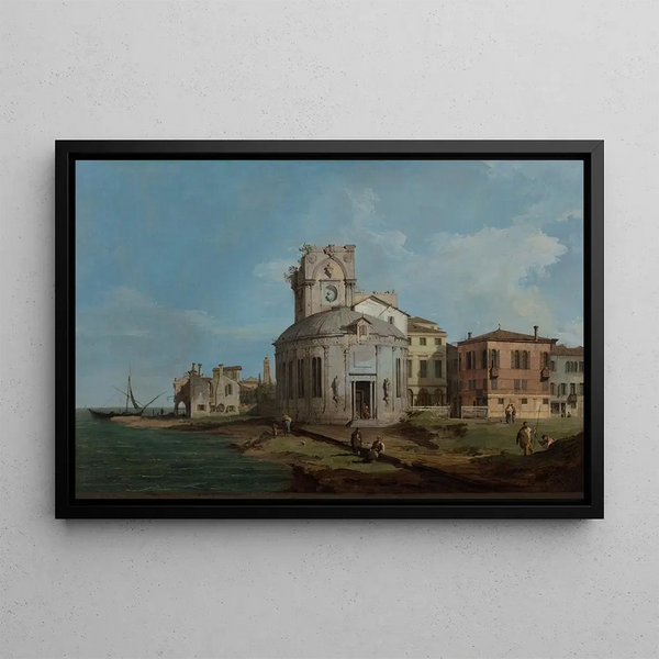 Caprice vénitien with an oval church near the lagoon - Canaletto — framed artwork on a wall