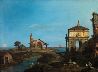 an island in the lagoon with a door and a church - Canaletto — artwork view
