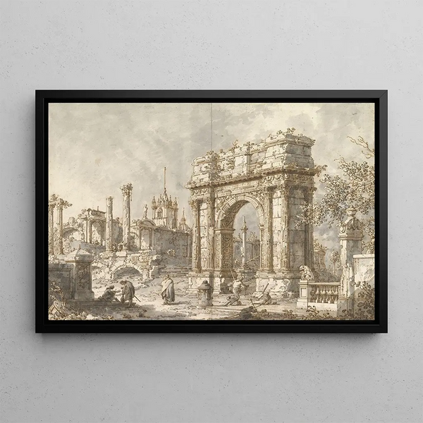 Caprice with a Roman triumphal arch - Canaletto — framed artwork on a wall