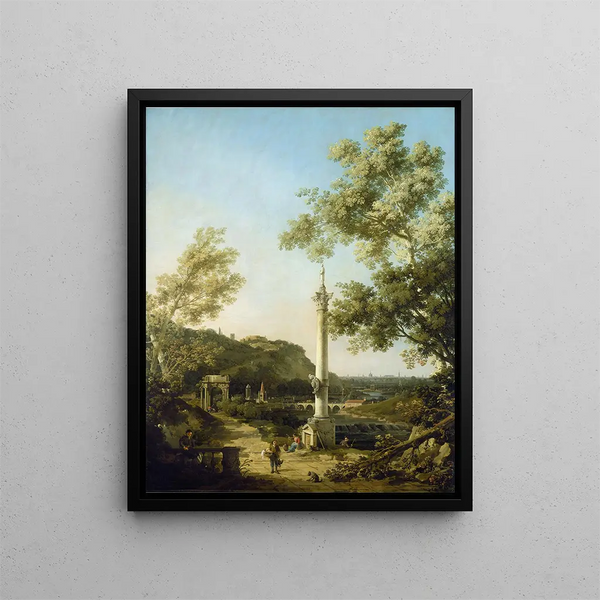 Landscape English Capriccio with a column - Canaletto — framed artwork on a wall
