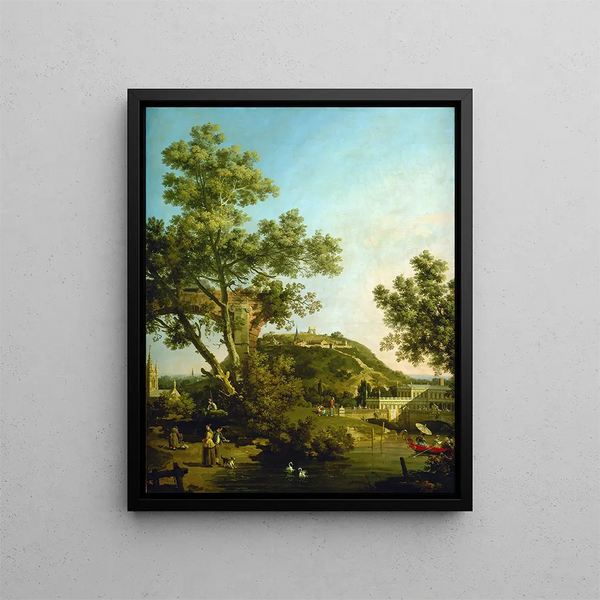 Landscape English Capriccio with a Palace - Canaletto — framed artwork on a wall