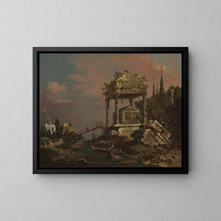 Vue imaginaire avec une tombe au bord du lagon - Canaletto — framed artwork on a wall