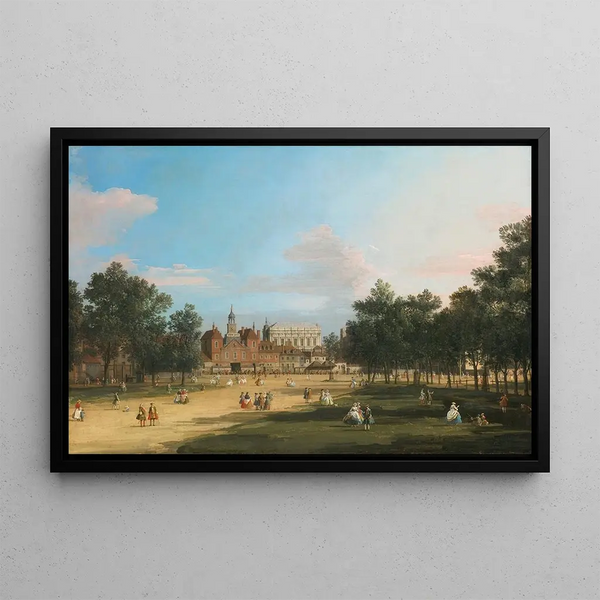 London painting, view of the old Horse Guards and the Banqueting Hall at Whitehall from St James Park - Canaletto — framed artwork on a wall