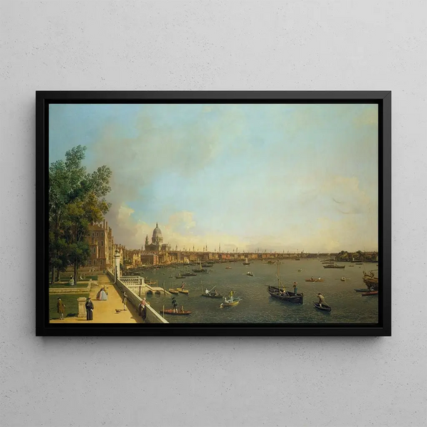 London Thames from Somerset House Terrace towards the city - Canaletto — framed artwork on a wall