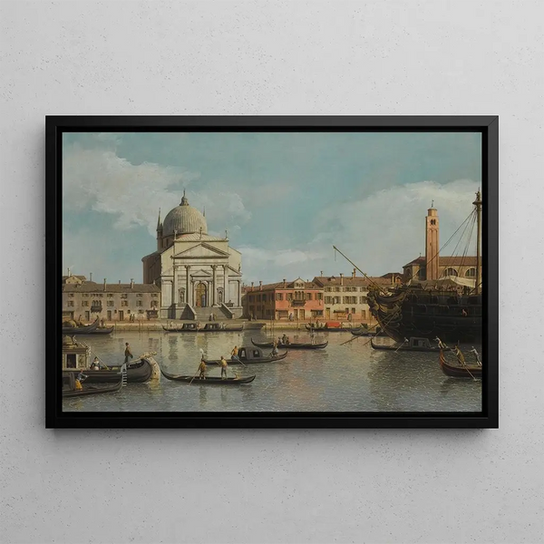 Venice A view of the churches of the Redentore and San Giacomo with a warship moored, gondolas and barges - Canaletto — framed artwork on a wall