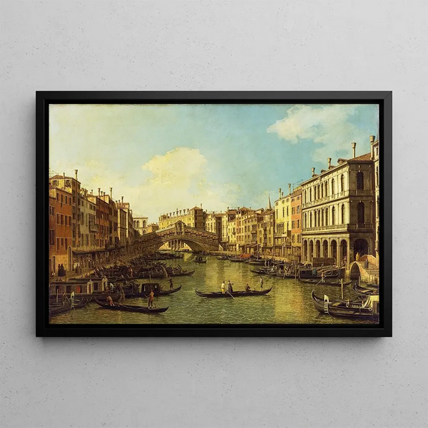 Venice the Grand Canal of the Palazzo Dolfin Manin at the Rialto Bridge - Canaletto — framed artwork on a wall