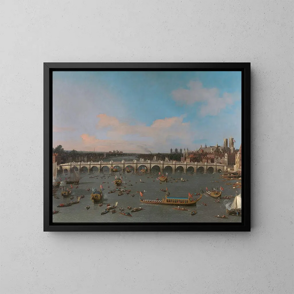 Westminster Bridge with the Lord Mayor's procession on the Thames - Canaletto — framed artwork on a wall