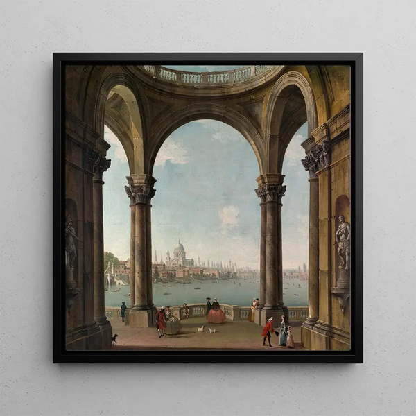 Caprice with Saint Paul and the old London bridge - Antonio Joli — framed artwork on a wall