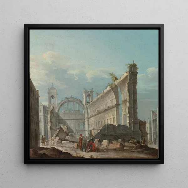 Caprice with figures in front of the ruins of a church - Pietro Bellotti — framed artwork on a wall