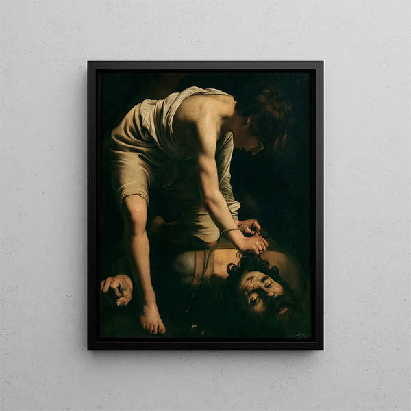 David and Goliath painting - Caravaggio — framed artwork on a wall