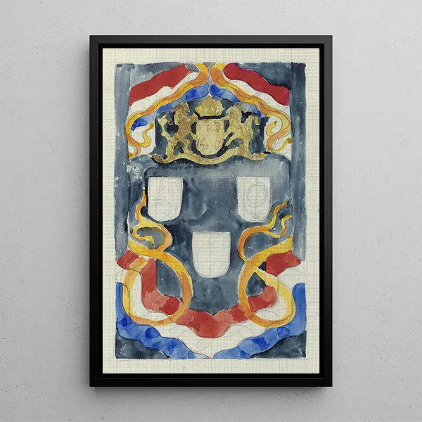 Decorative design with national coats of arms, flags, and standards - Carel Adolph Lion Cachet — framed artwork on a wall