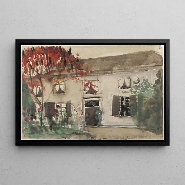 House with garden and red tree - Carel Adolph Lion Cachet — framed artwork on a wall
