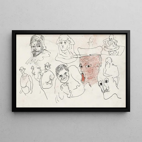 Caricature Heads - Carel Adolph Lion Cachet — framed artwork on a wall