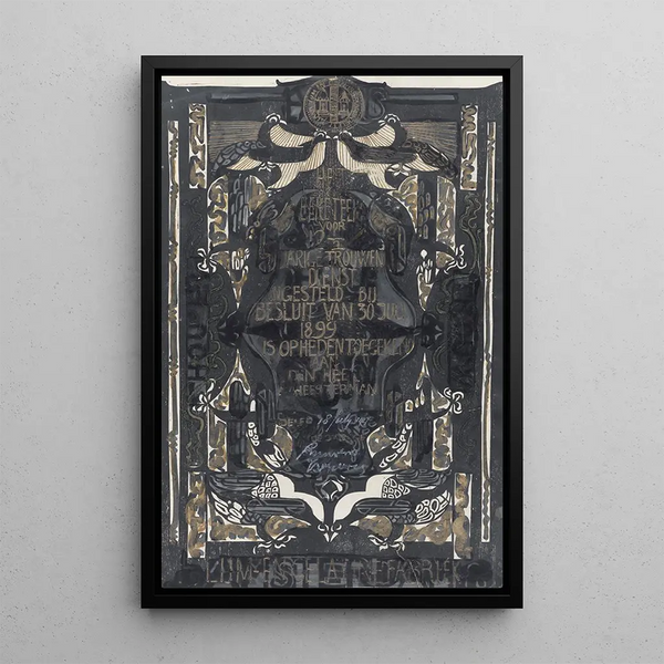 Project painting for a certificate on the occasion of twelve and a half years of faithful service at the glue and gelatin factory - Carel Adolph Lion Cachet — framed artwork on a wall
