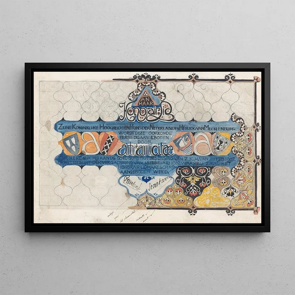 Project for a diploma of Arti et Amicitiae for Prince Hendrik upon his accession as an honorary member in 1902 - Carel Adolph Lion Cachet — framed artwork on a wall