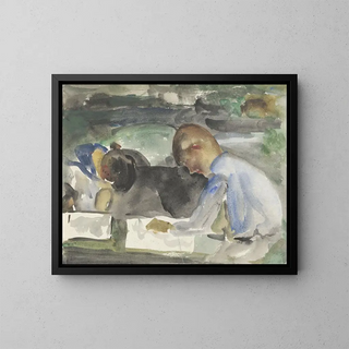 Two Children Drawing - Carel Adolph Lion Cachet — framed artwork on a wall