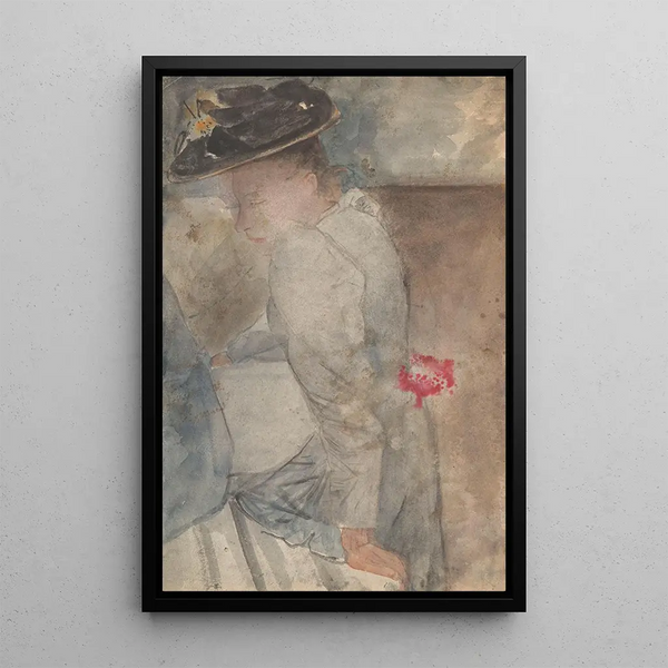 a seated woman with a flat hat resting on her left hand - Carel Adolph Lion Cachet — framed artwork on a wall