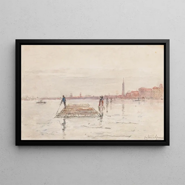 Vue de Venise depuis l'eau avec au premier plan un radeau en bois - Carel Nicolaas Storm van 's Gravesande — framed artwork on a wall