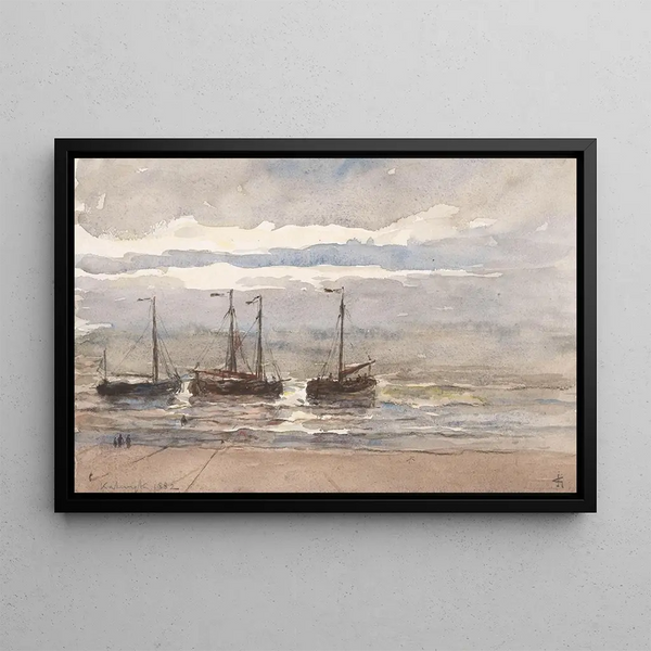 Fishing boats on the beach at Katwijk at high tide - Carel Nicolaas Storm van 's Gravesande — framed artwork on a wall