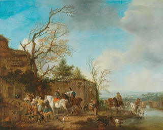 a group on horseback taking refreshments in a river landscape - Carel van Falens — artwork view