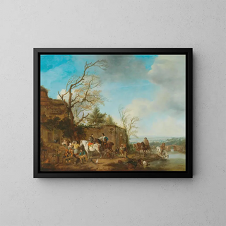 a group on horseback taking refreshments in a river landscape - Carel van Falens — framed artwork on a wall