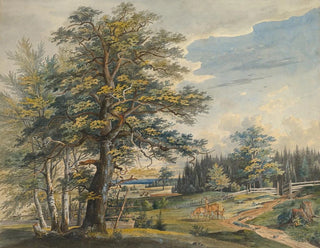 Landscape painting with a deer - Carl August Lebschee — artwork view