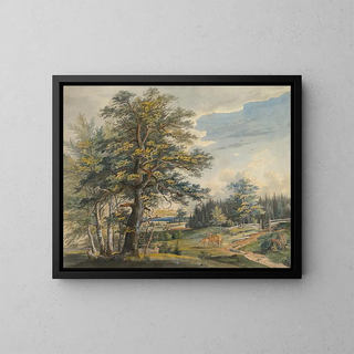 Landscape painting with a deer - Carl August Lebschee — framed artwork on a wall