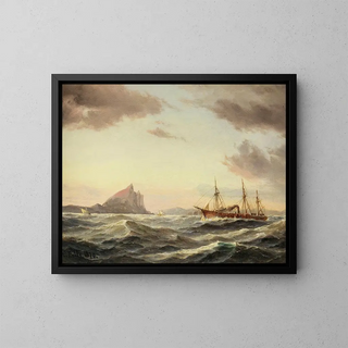 Steamship painting in front of the Gibraltar rock - Carl Bille — framed artwork on a wall
