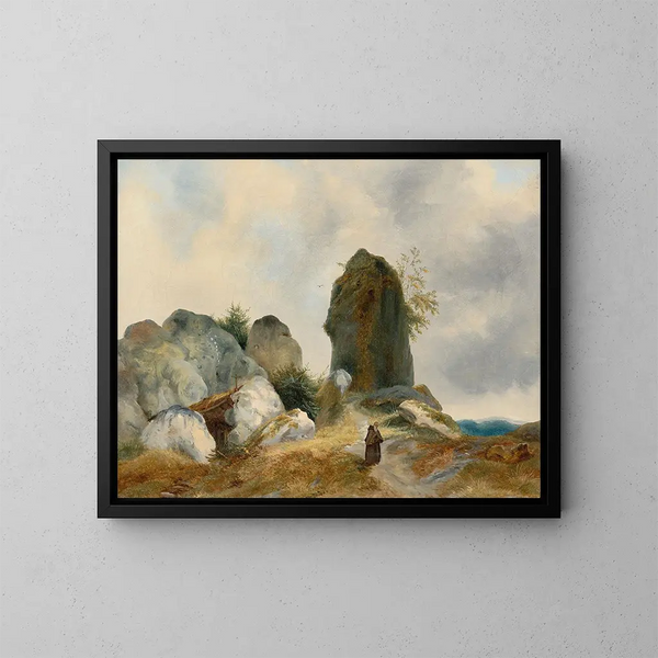 a rocky landscape with a hermit - Carl Blechen — framed artwork on a wall