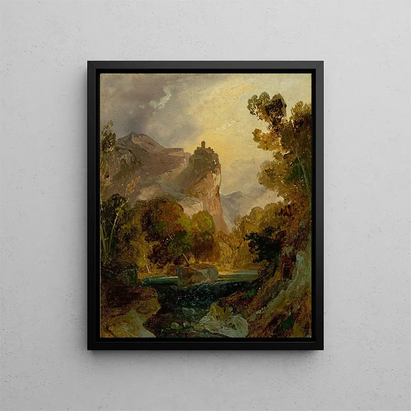 View of a river valley in the mountains with a castle on a high rock - Carl Blechen — framed artwork on a wall
