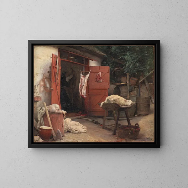 A slaughterhouse in Hellebk - Carl Bloch — framed artwork on a wall