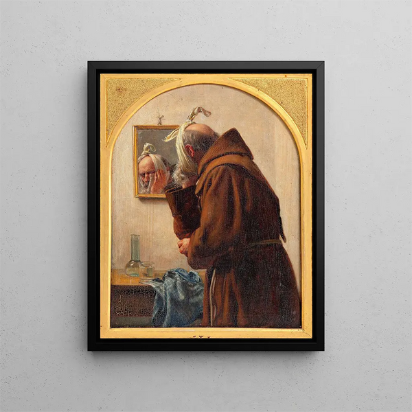 A monk examines himself in a mirror - Carl Bloch — framed artwork on a wall