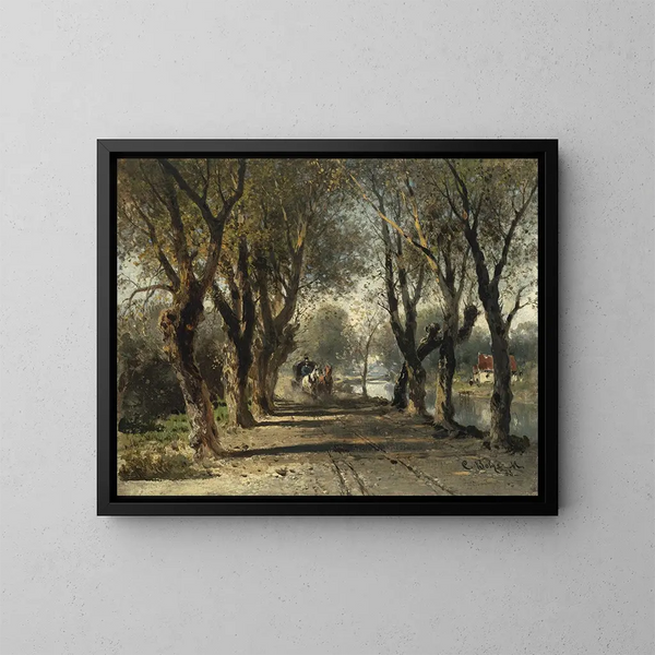 Allée au bord de l'eau avec une diligence - Carl Bolze — framed artwork on a wall