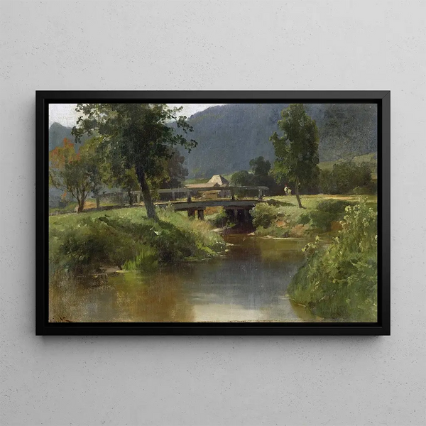 Stream with Bridge - Carl Bolze — framed artwork on a wall