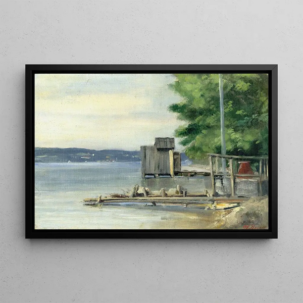Bathing cabin at Lake Starnberg near Ambach - Carl Bolze — framed artwork on a wall