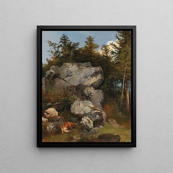 Fox of Burde with prey in a rocky landscape - Carl Borromäus Andreas Ruthart — framed artwork on a wall