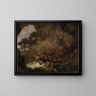 Two tigers devouring a deer - Carl Borromäus Andreas Ruthart — framed artwork on a wall