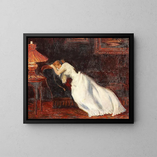 Interior painting with a girl on a sofa - Carl Carlsen — framed artwork on a wall
