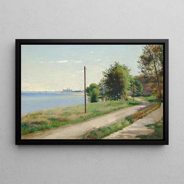Coastal landscape painting with Kronborg in the background, summer - Carl Carlsen — framed artwork on a wall
