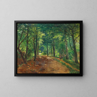 Summer Day in the Forest with Two Children on a Path - Carl Carlsen — framed artwork on a wall
