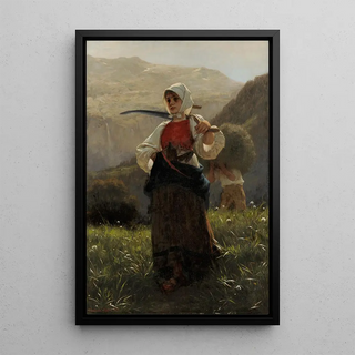 Woman of Haslital returning from hay harvest - Carl Diethelm Meyer — framed artwork on a wall